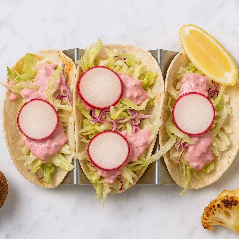 Three Zad tacos with lettuce, pink sauce, and radish slices, with a lemon wedge and cauliflower.