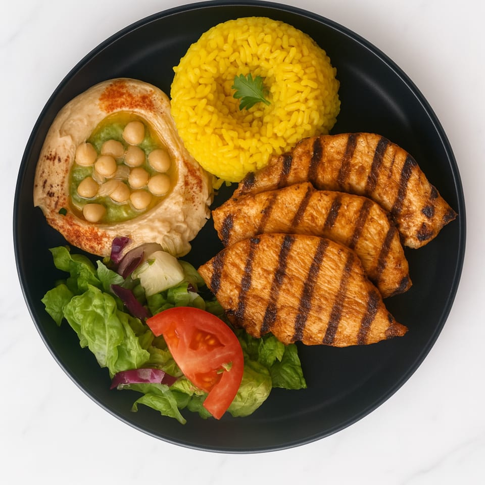 Zad's grilled chicken plate with yellow rice, hummus topped with chickpeas, and a side salad.