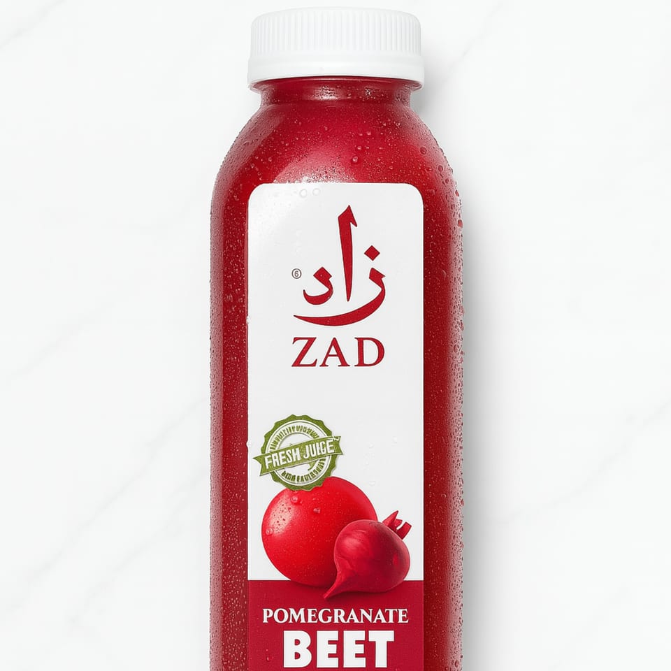 A chilled bottle of Zad Pomegranate Beet juice with a white label and fruit illustration.