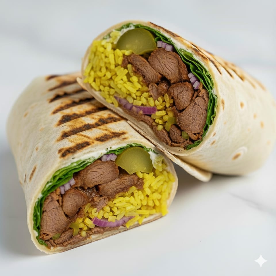 Two halves of a Zad beef shawarma wrap, filled with yellow rice, meat, lettuce, onions, and pickles.