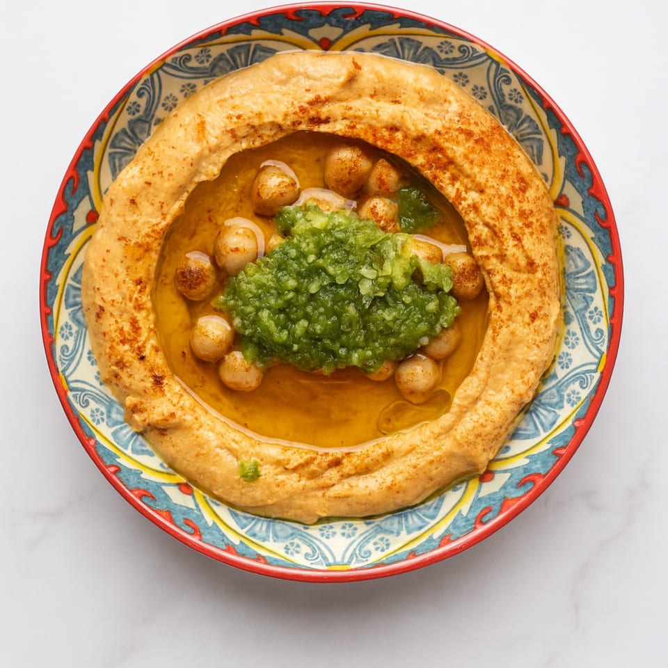 Zad's hummus with chickpeas, green relish, and olive oil in a colorful patterned bowl.