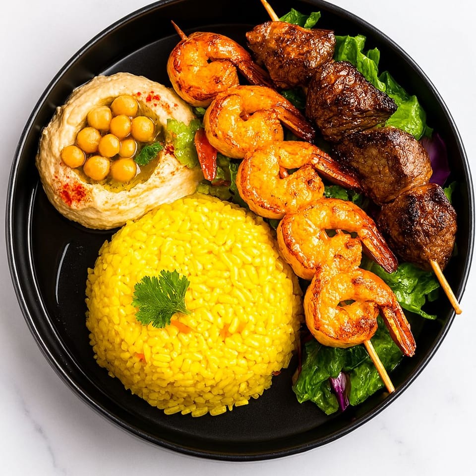 Zad's middle-eastern platter with shrimp and meat skewers, hummus, and yellow rice.