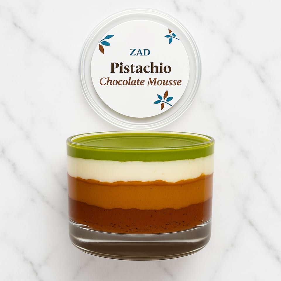 Zad Pistachio Chocolate Mousse in a clear glass with distinct layers of green, white, and brown.