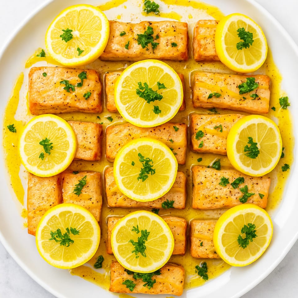 Zad's lemon-herb salmon, with rectangular pieces of fish, lemon slices, and parsley in a white dish.