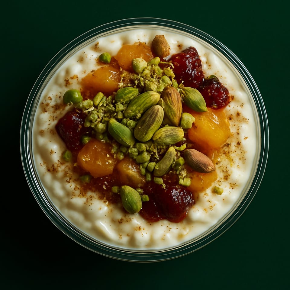 Zad's rice pudding dessert with pistachios, almonds, and fruit preserves in a clear bowl.
