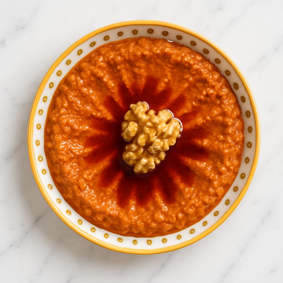 Zad's vibrant red muhammara dip, garnished with a walnut and olive oil, in a decorative bowl.