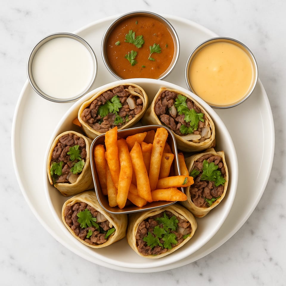 Zad's beef shawarma wraps with fries and three dipping sauces on a white plate.